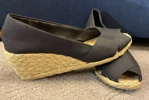 Ralph Lauren Cecilia Sz 5.5 Black Shantung Silk Espadrille Wedge Peep Sandals - Picture 1 of 8