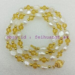 New Natural White 7-8mm Freshwater Pearl & 4x6mm Faceted Citrine Necklace 16-20"