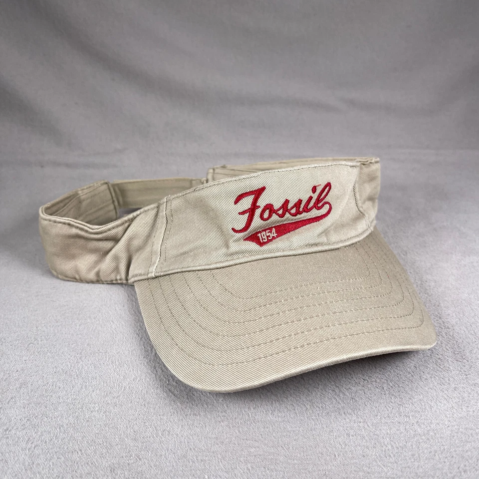 Fossil Visor Hat Mens One Size Beige Strapback Sun Cap Embroidered Brand Script - Image 1 of 4