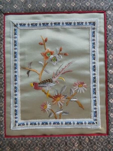 Vintage chinesische Seide Handstickerei Blumen Vogel dekorative Bordüre - Bild 1 von 6