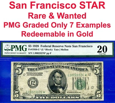 1928 $5 Federal Reserve Note PMG 20 rare wanted San Francisco star Fr 1950-L* - Image 1 of 4