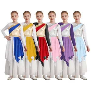 Girls Praise Dance Dress Metallic Color Block Worship Church Robe Dancewear - Picture 1 of 50