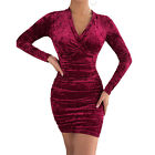 Dress V Neck Long Sleeve Slim Package Hip Velvet Dress For Women(Wine Red M) ECM
