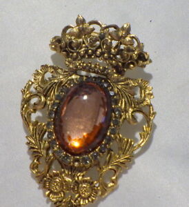 VINTAGE PRETTY BROOCH W,  PINK COLOR OVAL STONE 2. 3/4" SIZE