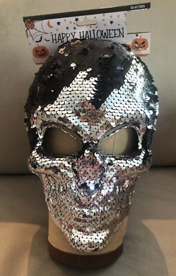 RARO Máscara Calavera Mascarada Halloween Cara Completa Negra/Plateada Lentejuelas Inversas NUEVO Foto 1 de 4
