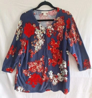 Coldwater Creek 3/4 Sleeve Sweater Blue Red Floral Size 1X- 18 Cardigan Sweater - Image 1 of 4