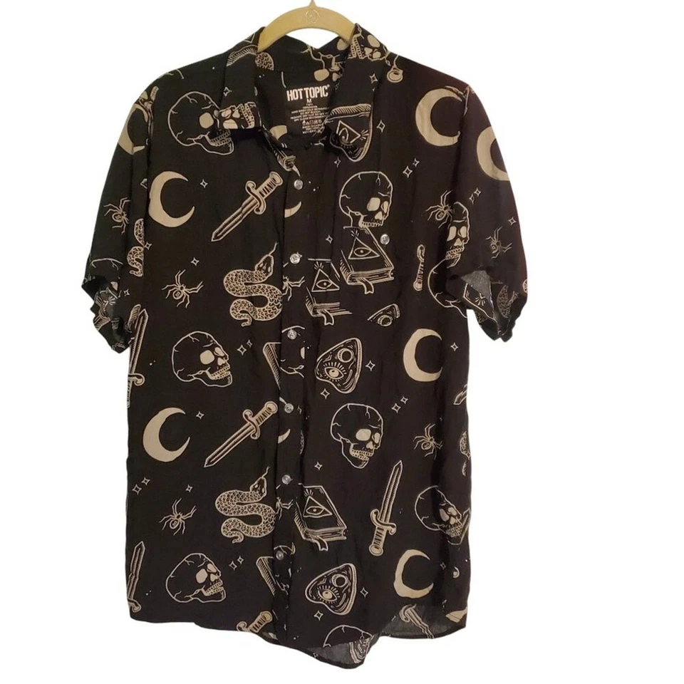 Hot Topic Occult Black & Grey Woven Button-Up Short Sleeve Shirt - Image 1 of 4