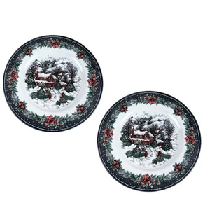 (2) ROYAL STAFFORD CHRISTMAS VILLAGE COZY COTTAGE DINNER PLATES 11" HOLLY BORDER - Picture 1 of 4