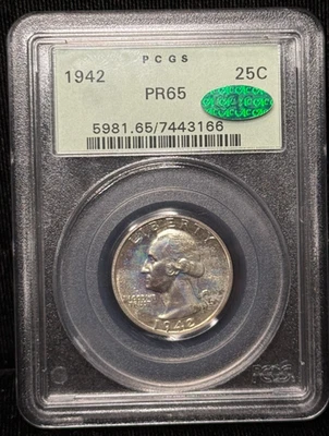 1942 Washington Quarter 25C PCGS PR 65 CAC Proof  Silver Coin - 166 - Image 1 of 2