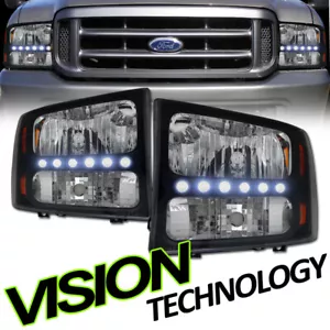 Black LED Headlights Lamps+Parking Corner Amber 1Pc Ks For 99-04 F250 Excursion - Bild 1 von 2