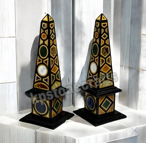 12" Black Marble Obelisk Set 2 ps Handmade Pietradura Inlay Stone Garden Decor - Picture 1 of 5