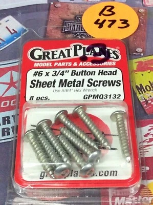 Great Planes GPMQ3132: 6x3/4" Button Head Sheet Metal Screws {8pc} NIP USA Shipp - Image 1 of 2