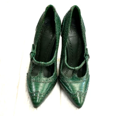 Туфли-лодочки Tory Burch модель Mary Jane из зеленой змеиной тисненой кожи на каблуке размер 5 М - Изображение 1 из 4