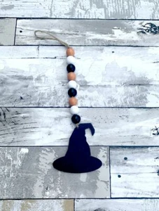 Hexenhut orange schwarz weiß Holz Perlen Anhänger Girlande Boho Quaste Quasten Rusti - Bild 1 von 2