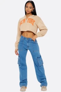 Women's Cargo Pocket High-Rise Wide Leg Pants Denim Jeans Stretch Sz S-L NEW - Picture 1 of 5