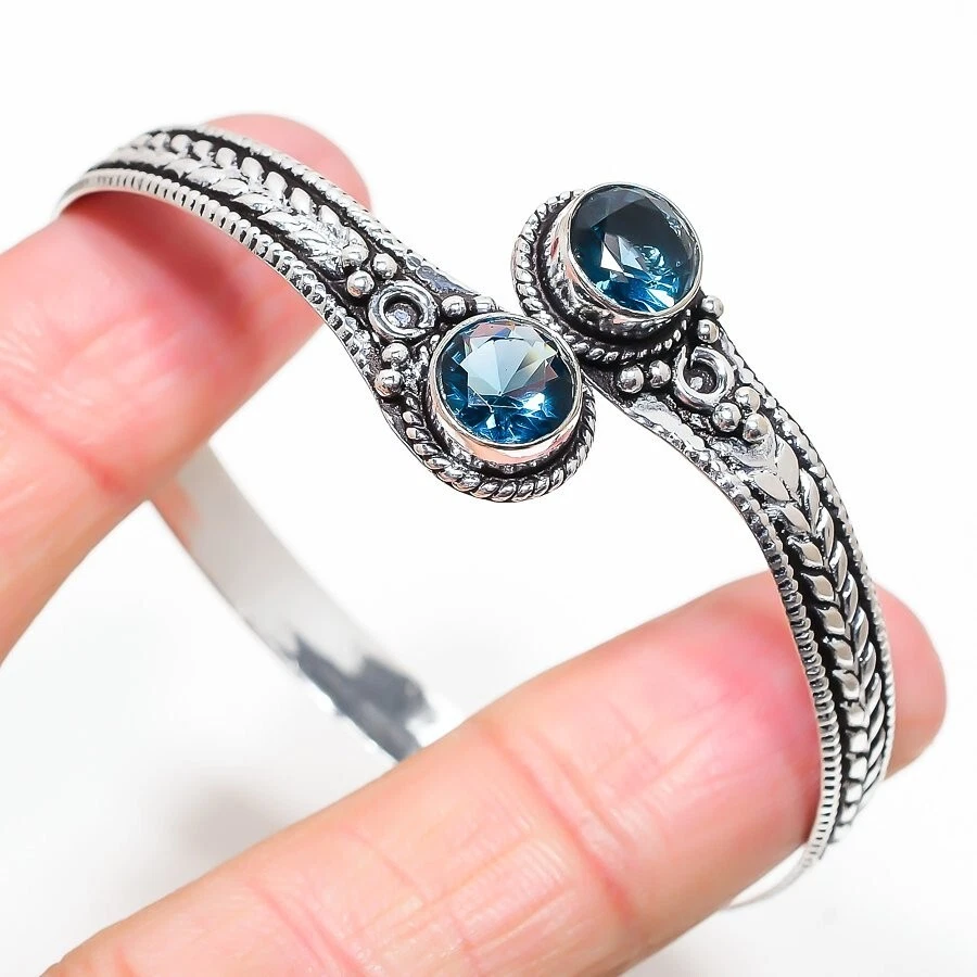 London Blue Topaz Gemstone Handmade 925 Sterling Silver Jewelry Bangle Sz 7-8 - Image 1 of 1