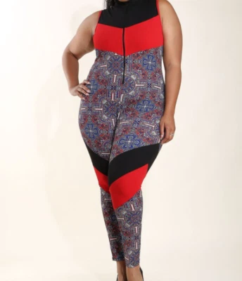 US Seller!!! NEW Sexy Plus Size Red Colorblocked Print Jumpsuit - Image 1 of 4