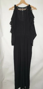 Zara Black Cold Shoulder Long Sleeve Frilly Dobby Spot Wide Leg Smart Jumpsuit S - Picture 1 of 9