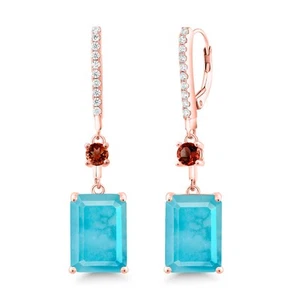 11.04 Ct Green Turquoise Red Garnet 18K Rose Gold Plated Silver Earrings - Picture 1 of 4