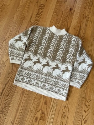 Vtg Rafaella Sweater Angora Lambswool Fairisle Reindeer Tan White Med Holiday - Image 1 of 4