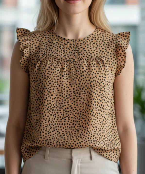 J. Blusa para mujer Crew manga con volantes a lunares M tostada negra estampado de puntos forrada Foto 1 de 4