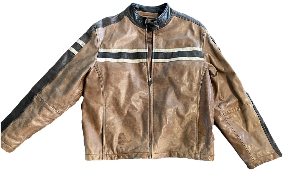ROUNDTREE & YORKE Leather Jacket Size XL Brown Striped Full Zip - Image 1 of 4