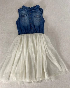 Zunie Dress Girls 14 Blue White Denim Tulle Sleeveless Button Front Pockets - Picture 1 of 12