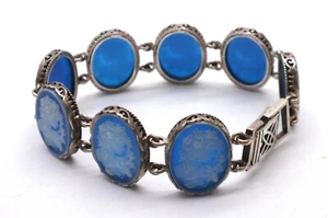 💎💎 vintage Sterling Natural Blue Agate Cameo Panel bracelet. RARE FIND. 💎 - Picture 1 of 7