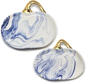Two's Company Marbled Set of 2 Blue & White Pumpkin Platters - Damaged Stem - - Picture 1 of 6