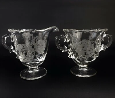 Vintage Fostoria Camellia Creamer And Open Sugar Set  Etched Roses - Image 1 of 4