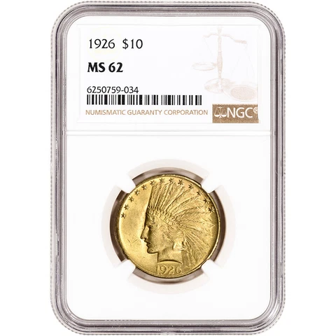 1926 US Gold $10 Indian Head Eagle - NGC MS62 Cover
