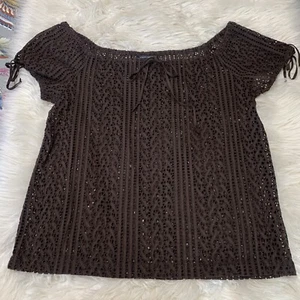 Banana Republic Top Brown Crochet Eyelet Embroidered Short Sleeve Large Boho - Picture 1 of 6