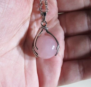 Natural Rose Quartz Pink Crystal Gemstone Pendant Prayer / Palm Hands Necklace - Picture 1 of 6