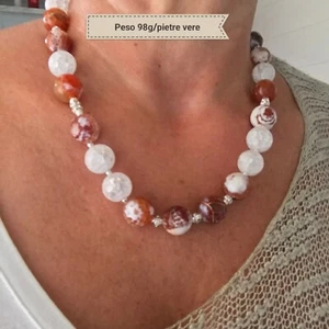Collana donna pietre dure naturali:agata di fuoco corallo,crystal quarzo cracked - Foto 1 di 4