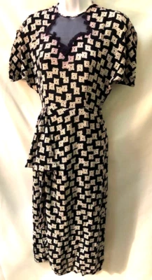 Vestido Clásico Vintage Años 40 Azul Marino y Blanco Estampado Volantes Rayón S/M ¡Genial! Foto 1 de 4