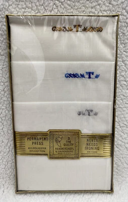 Vintage Mens Handkerchief Set of 3 Permanent Press White Embroidered / T NEW! - Image 1 of 4