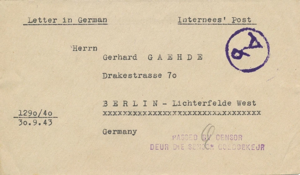 SOUTH AFRICA 1943 Prisoner of War Mail cover from the Internment Camp, Pretoria - Image 1 of 2