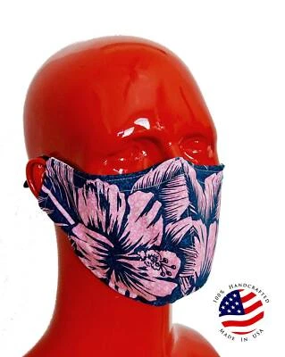 Hawaiian Print Fabric Face Mask Filter Pocket Tropical Blue Pink Lahaina - Image 1 of 4