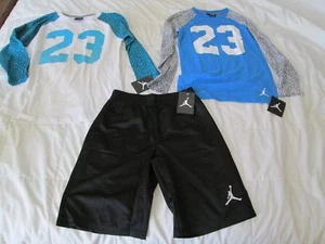 NEW 3Pc NIKE Air Jordan Boys Basketball OUTFIT Shorts+2L/S Blk/Blu Ysm FREE SHIP - Picture 1 of 12