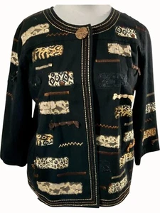 Choices Petite Medium Open Front Jacket Boho Animal Print Patchwork Design Black - Picture 1 of 8
