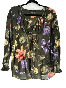 RALPH LAUREN Women’s Green Floral Voile Cotton Romantic Blouse Sz L - Picture 1 of 6