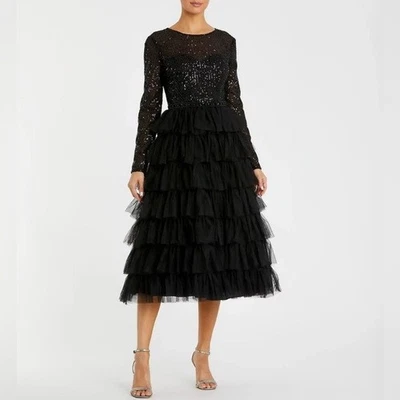 New Ieena Mac Duggal Black Long Sleeve Ruffle Tiered Midi Dress Sequin Sz 4 - Image 1 of 4