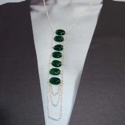 Most Beautiful Green Aventurine 925 Silver Plated Beaded Necklace 18" GW - Image 1 of 3