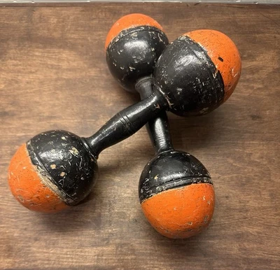 Halteres de madeira vintage primitivos laranja e preto 9,5 polegadas - Imagem 1 de 4