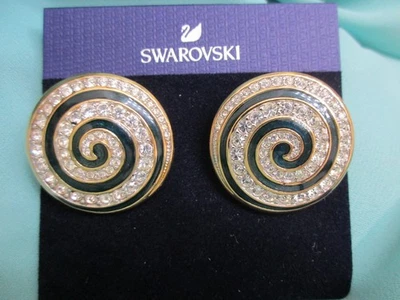 Swarovski Swan Signed Enamel Pave Crystal Black/Gold Tone Clip Earrings - Image 1 of 4