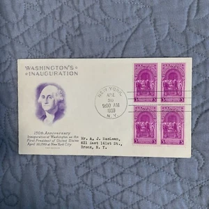 #854 US FDC WASHINGTON GRIMSLAND M-37..NEW YORK NY 1939 4BLK - Picture 1 of 2