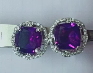 2.00 CT Cushion Cut Simulated Amethyst Women's Hoop Earrings 925 Sterling Silver - Picture 1 of 9