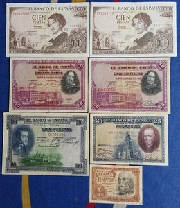 Billetes 1, 25, 50, 100 pesetas España 1925, 1928, 1953, 1965, numismatica - Imagen 1 de 1
