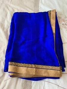 Blue Indian Sari With Gold Edge Trim. Exceptional Condition. - Picture 1 of 4