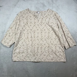 Chicos Top Women’s Size 3 Beige Cotton Roll Tab Sleeve Embroidered Tunic Casual - Picture 1 of 7